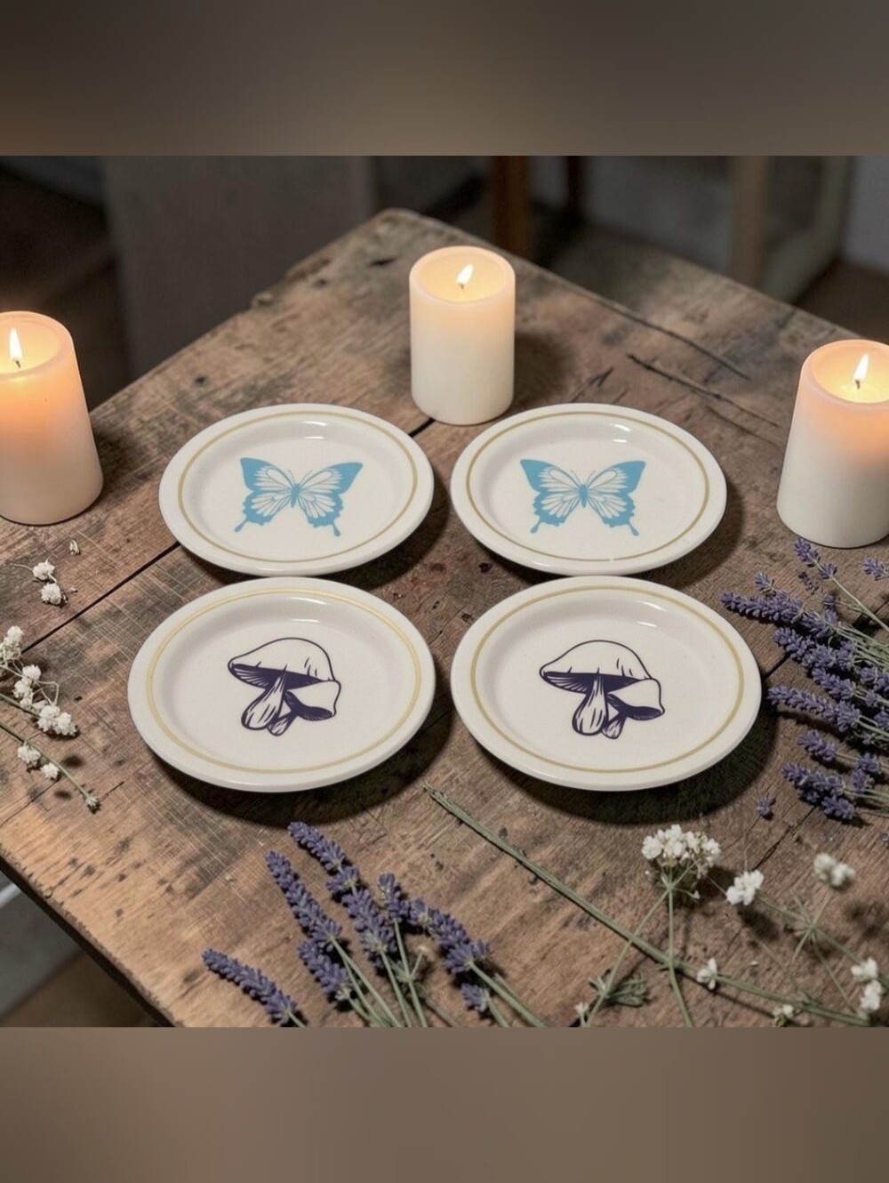 (Lot Of 4) Decorative Tabletop Ceramic Trays/Trinket Dishes Butterfly/ Mushrooms